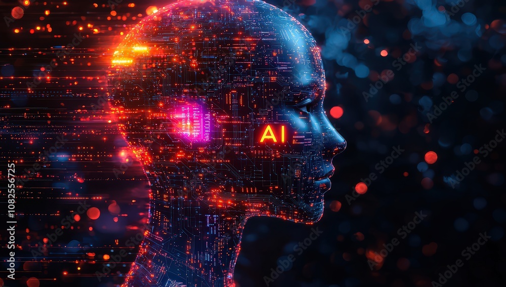 A digital illustration of an AI robot head with glowing circuitry and data streams, set against a dark background with neon lights. A digital illustration of an AI robot head with glowing circuitry and data streams, set against a dark background with neon lights.