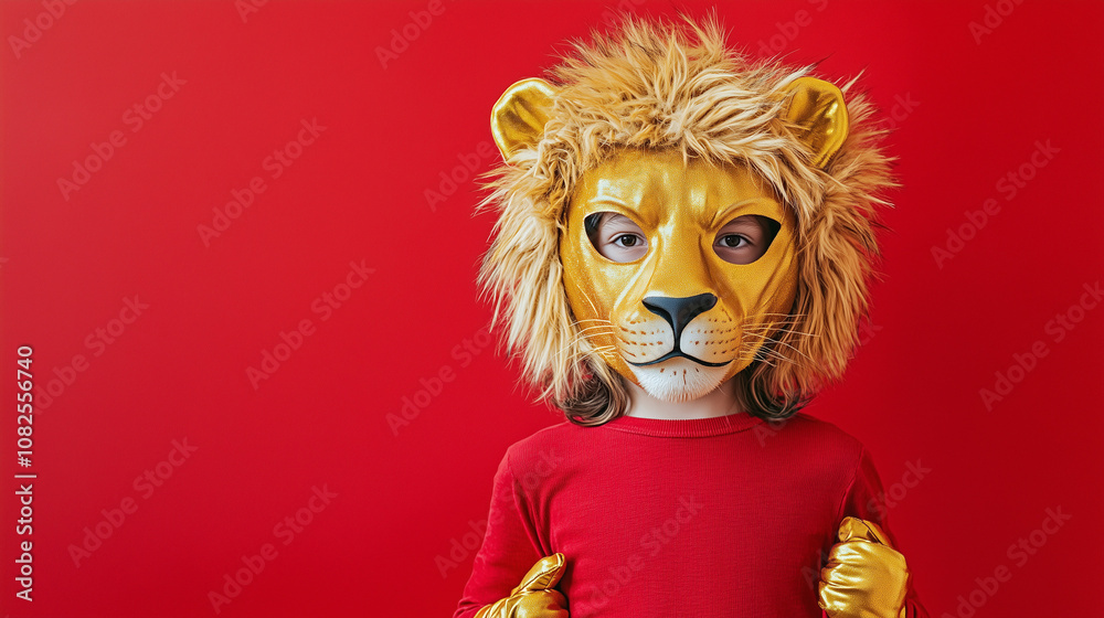 Child quadrober wearing a golden lion mask with a mane and matching gloves, dressed in red against a vibrant red background. Concept of strength, creativity, and playful animal-themed costume. Child quadrober wearing a golden lion mask with a mane and matching gloves, dressed in red against a vibrant red background. Concept of strength, creativity, and playful animal-themed costume.