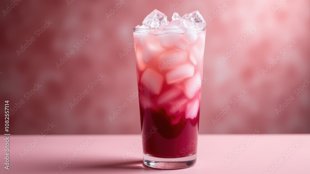 Deliciously refreshing pink matcha drink with ice cubes, served on a white tabletop. Deliciously refreshing pink matcha drink with ice cubes, served on a white tabletop.