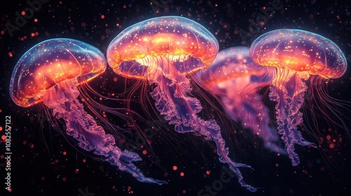 Glowing jellyfish swim deep in the sea