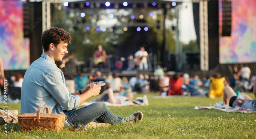 Young man enjoying outdoor music festival with picnic and smart device on sunny day