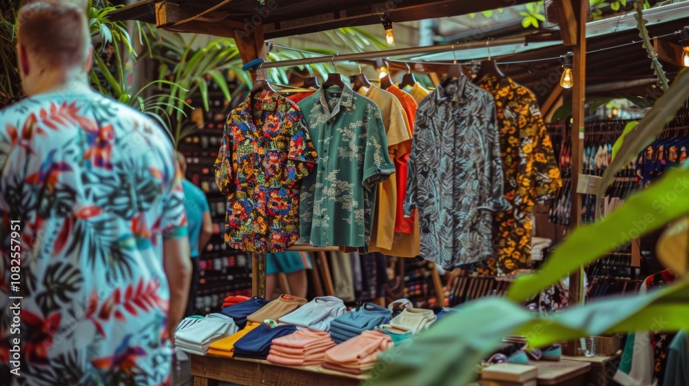 Obraz premium Vibrant Summer Shirts Hang at a Market Stall Surrounded by Greenery