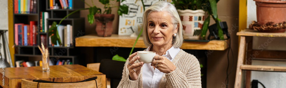 A beautiful woman with gray hair sips her drink while relaxing in a charming environment. A beautiful woman with gray hair sips her drink while relaxing in a charming environment.