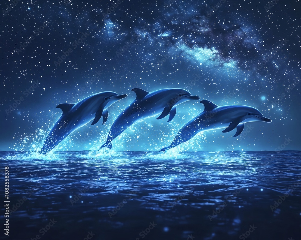 Fototapeta premium Glowing Dolphins Leaping Through Starry Ocean Night