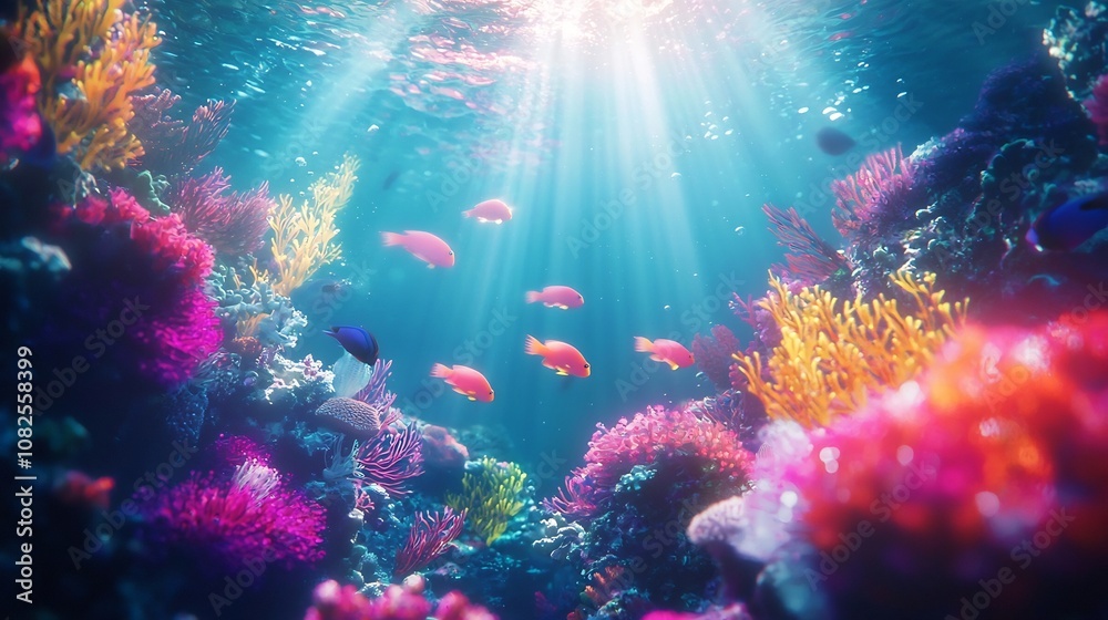 Surreal Neon Coral Reef with Tropical Fish and Sunlight Rays in Tranquil Underwater Seascape Surreal Neon Coral Reef with Tropical Fish and Sunlight Rays in Tranquil Underwater Seascape