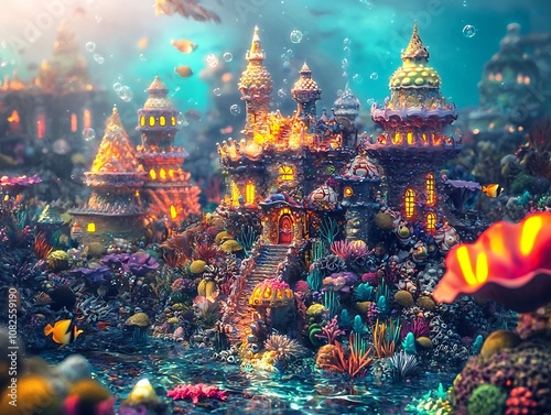 Enchanting Underwater Kingdom With Vibrant Seashell Castles And Glowing Marine Creatures photo