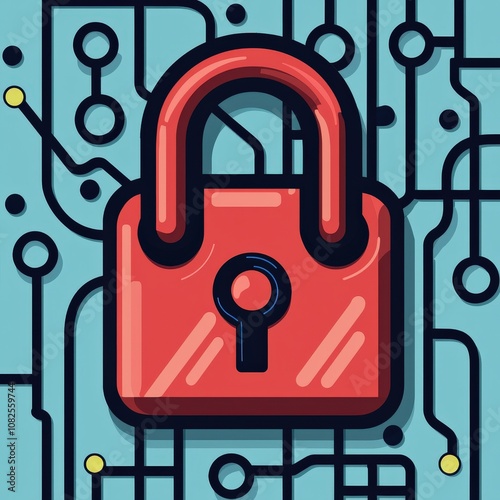 A vibrant digital illustration of a red padlock symbolizing cybersecurity against a backdrop of circuit patterns.