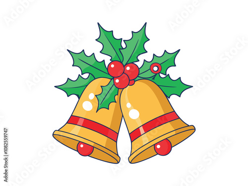 a drawing of a pair of bells with a green holly leaf.