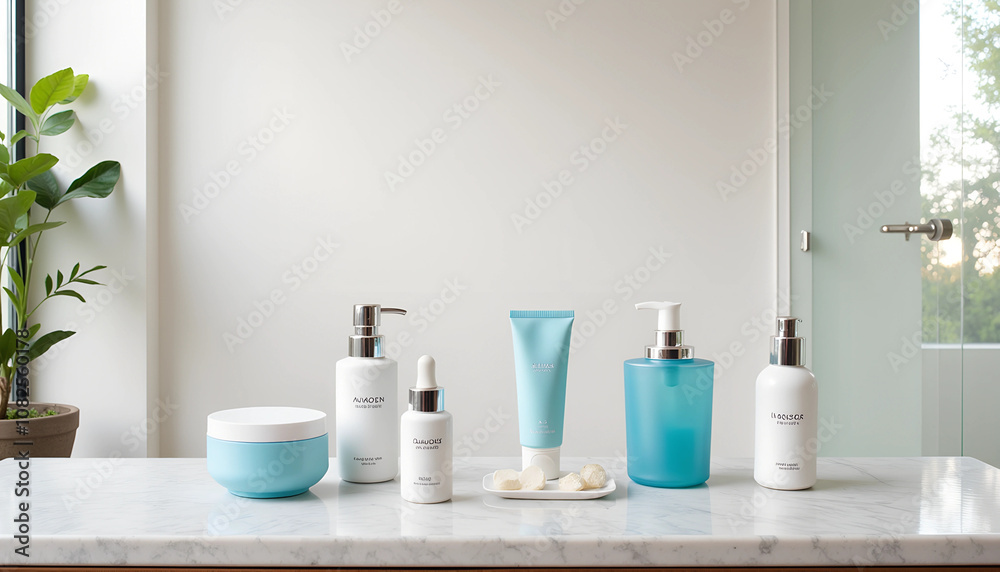 A serene display of skincare products arranged neatly on a marble countertop with natural light streaming in from a nearby window A serene display of skincare products arranged neatly on a marble countertop with natural light streaming in from a nearby window