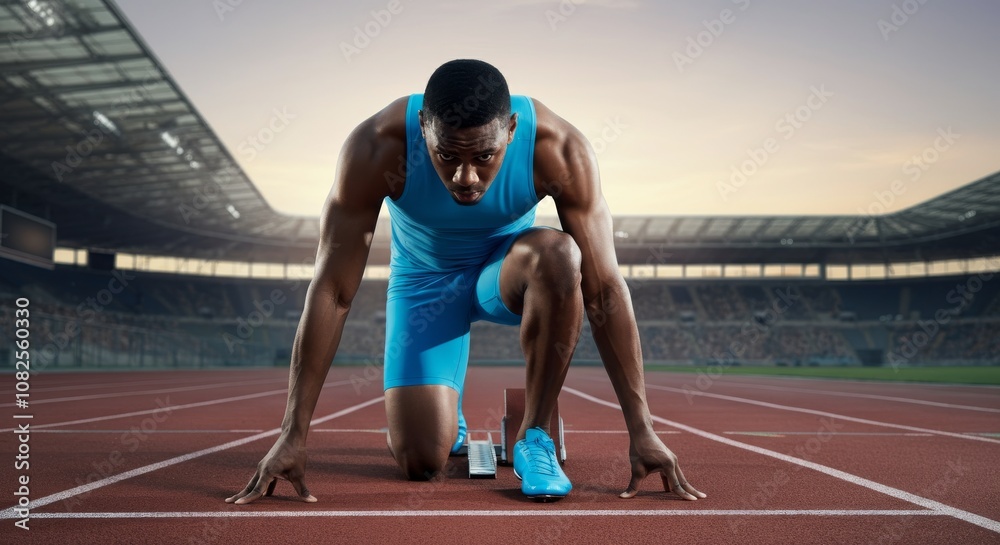 Determined athlete in blue gear ready for sprint on stadium track at dusk