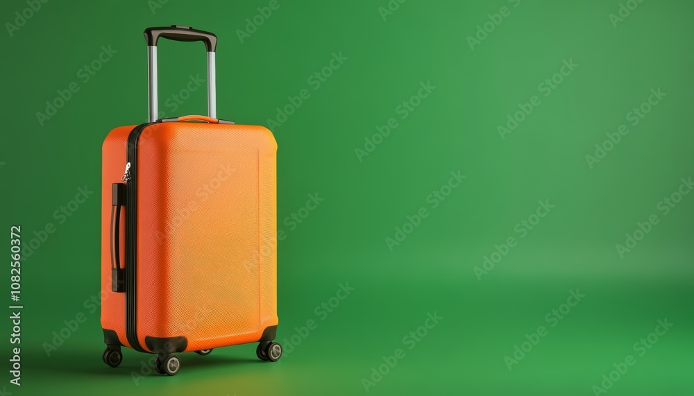 Lush Orange Luggage Ready for Travel Against Bright Green Background Lush Orange Luggage Ready for Travel Against Bright Green Background