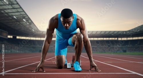 Obraz na płótnie Determined athlete in blue gear ready for sprint on stadium track at dusk w salonie