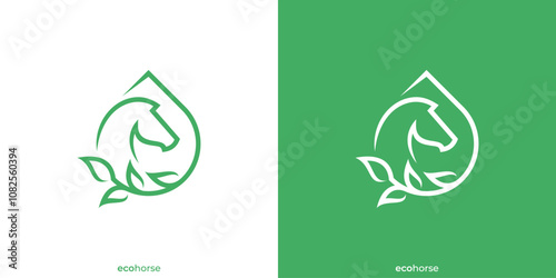 Eco Horse Logo. Horse Head, Water Drop and Leaves with Lineart Outline Style. Logo, Icon, Symbol, Vector, Design Inspiration.