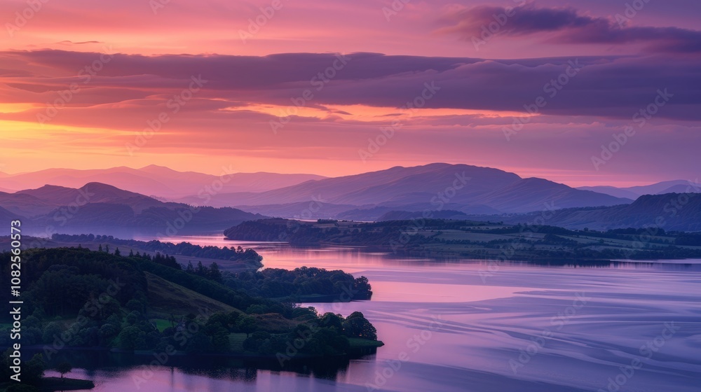 Stunning sunset over a peaceful lake with beautiful mountains in the background, captivating colors and serene nature scene. Stunning sunset over a peaceful lake with beautiful mountains in the background, captivating colors and serene nature scene.