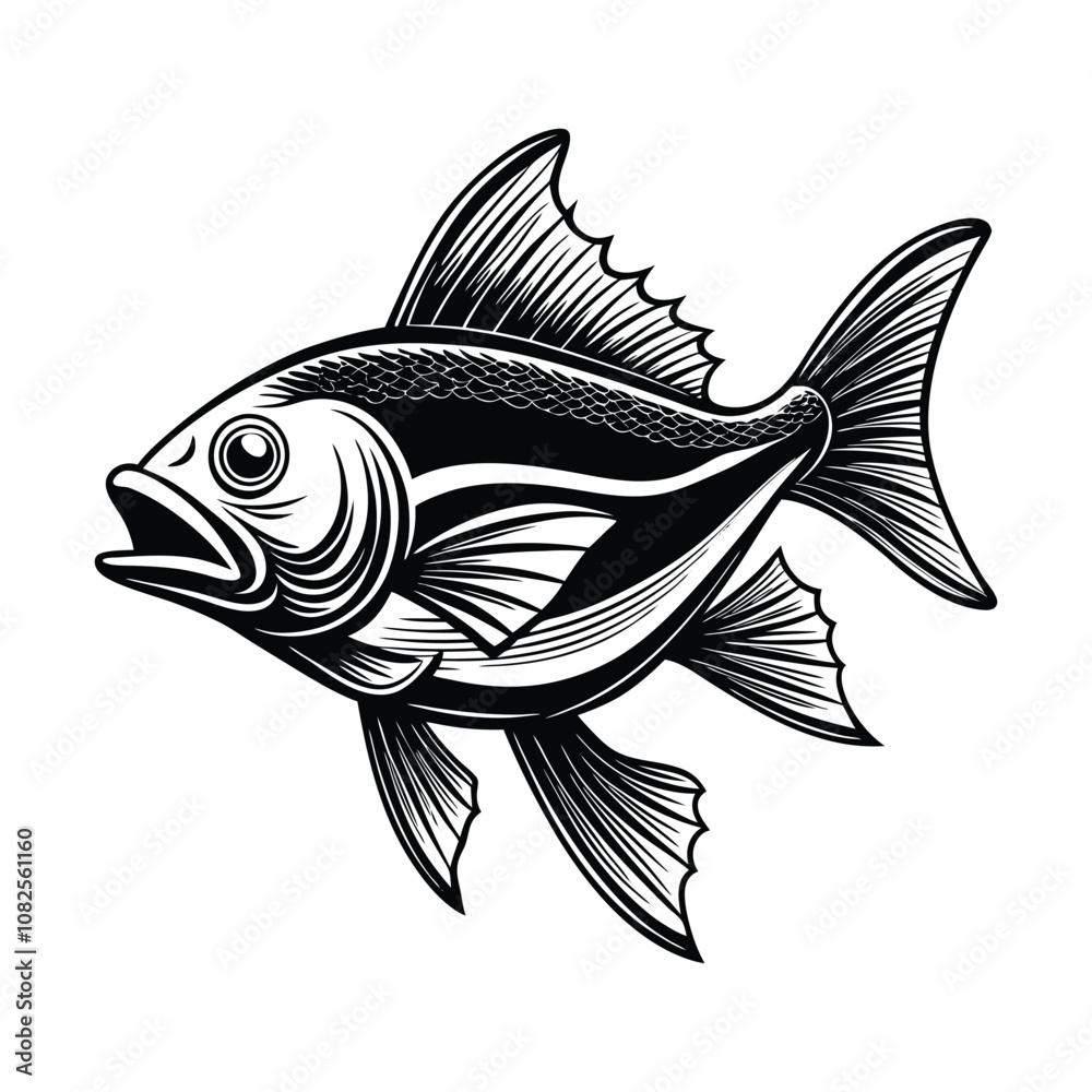 Fototapeta premium halibut fish design, labeled linocut vector silhouette illustration.
