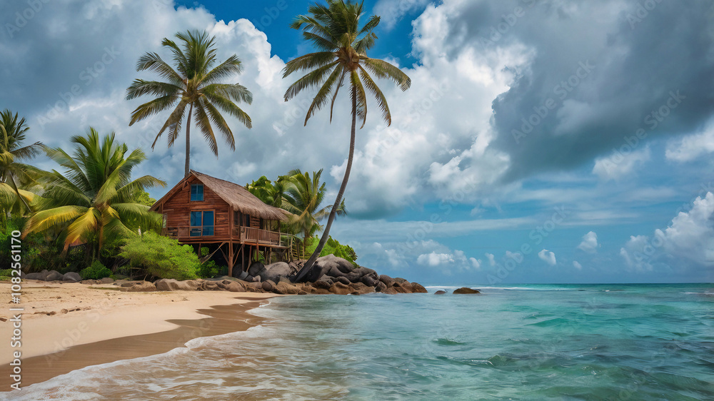 Obraz premium Calm ocean waves on isolated tropical island in front of a small wooden house surrounded by palms, vibrant cloudy sky in the background