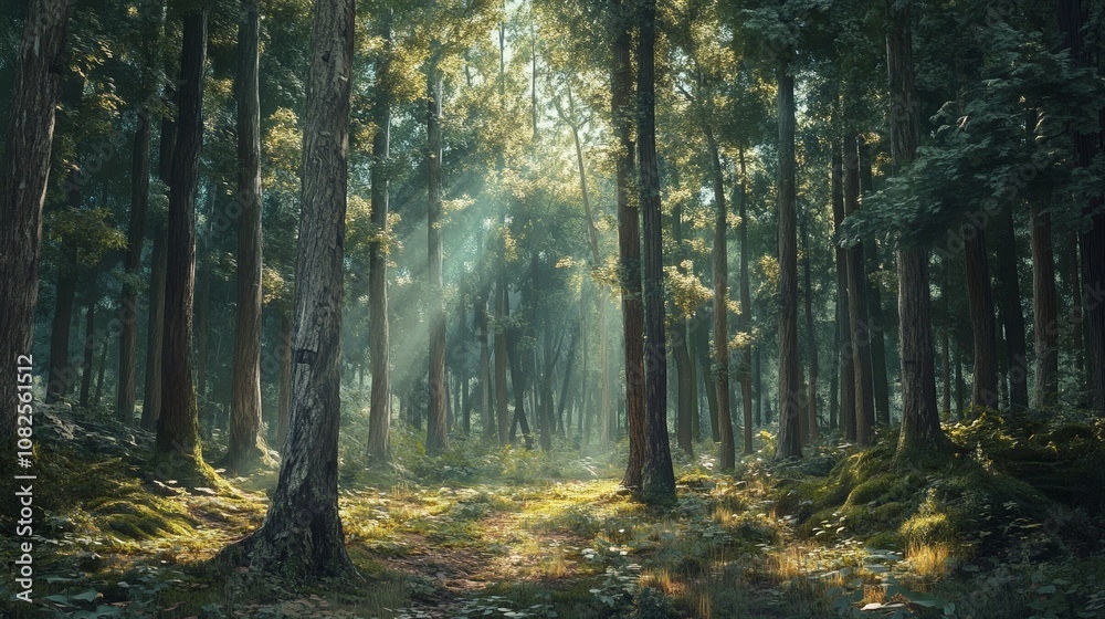 Fototapeta premium Illustration of a Forest Emphasizing Light Filtering Through Tall Trees in a Tranquil Setting