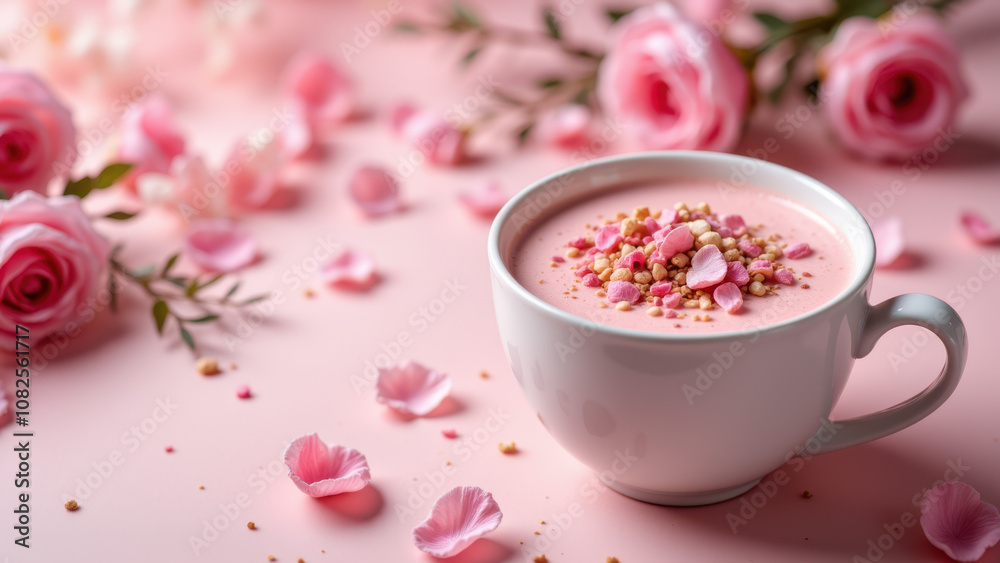 A cup of pink matcha latte with flower petals on a table covered in pink rose petals.