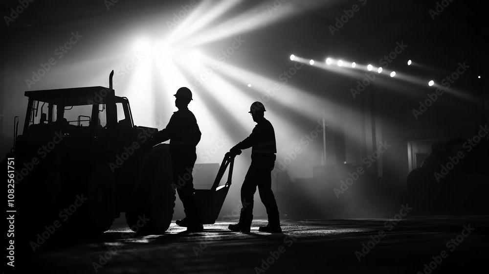 Silhouetted workers with a tractor in a dimly lit industrial space. Silhouetted workers with a tractor in a dimly lit industrial space.