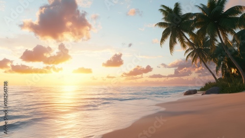 A serene beach scene at sunset, featuring palm trees, glowing sky, and tranquil waves gently lapping at the shore.