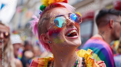 Joyful celebration at a vibrant pride parade with colorful costumes and glittering fun in the air.