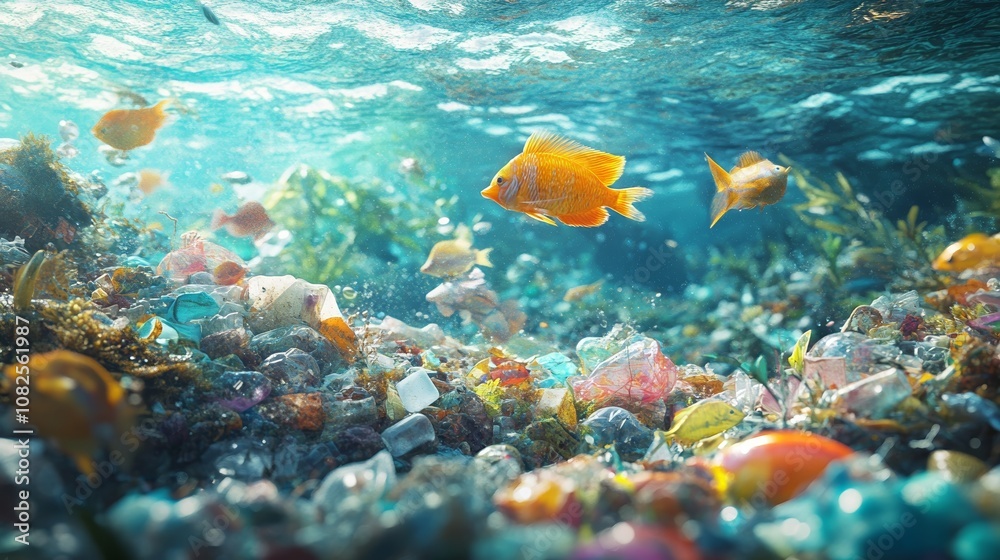 Obraz premium Reducing Ocean Pollution from Plastic Waste as Fish Swim Through Clean Water