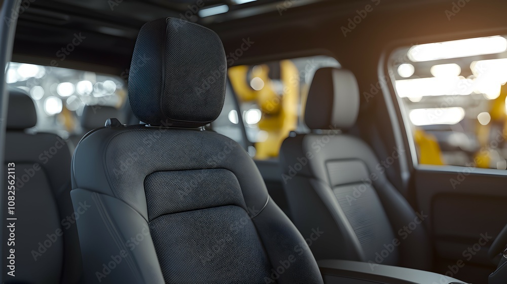 High-Tech Car Factory Assembly Line - Close-Up of Robotic Arms Assembling Interiors with Detailed Textures on Seats and Dashboard Realistic Lighting and Soft Shadows High-Tech Car Factory Assembly Line - Close-Up of Robotic Arms Assembling Interiors with Detailed Textures on Seats and Dashboard Realistic Lighting and Soft Shadows