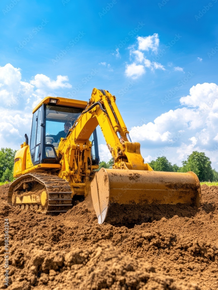 A powerful yellow excavator operates on a construction site, digging through rich brown soil under a clear blue sky dotted with fluffy white clouds. A powerful yellow excavator operates on a construction site, digging through rich brown soil under a clear blue sky dotted with fluffy white clouds.