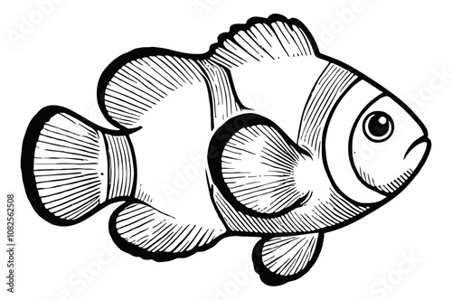 clown fish engraving black and white outline