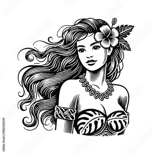 beautiful Hawaiian young woman engraving black and white outline