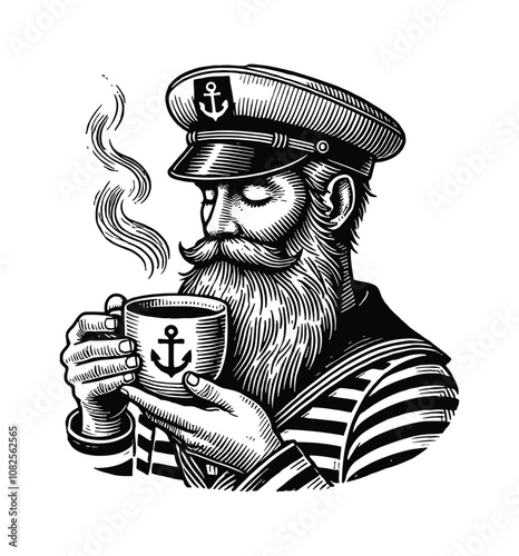 sailor holding a coffee cup engraving black and white outline