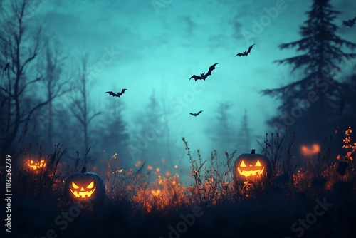 Halloween night background with pumpkins, forest, and glowing eyes of bats in the dark sky. Blue sky and Halloween-themed illustration vector design. Ultra-realistic 8K photography, isolated on pastel