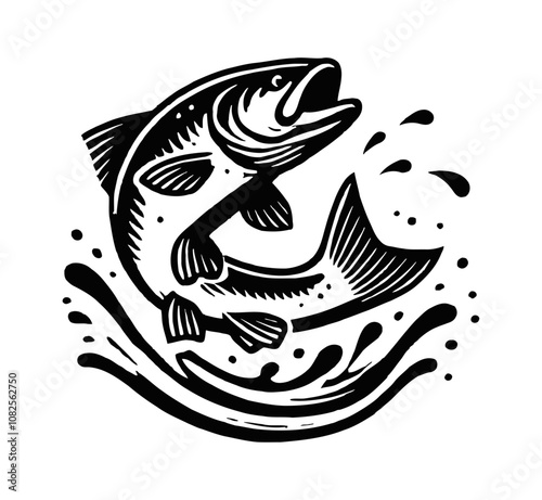 fish jumping out of water engraving black and white outline