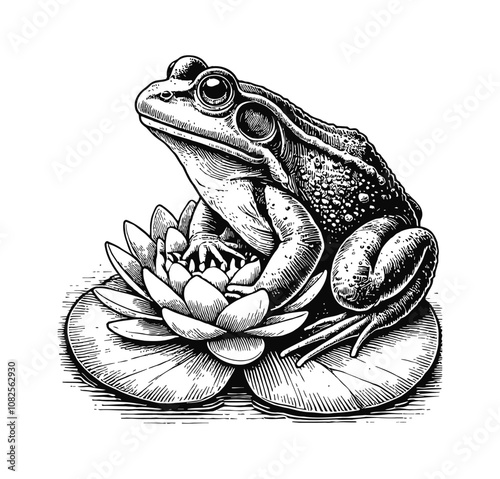 frog sitting leaf engraving black and white outline