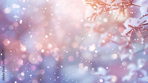 A serene winter scene with softly falling snowflakes and frosted branches, creating a dreamy atmosphere.