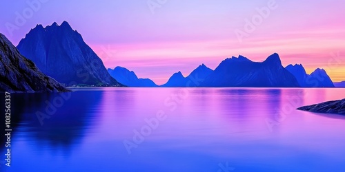 This breathtaking landscape captures the tranquil beauty of purple-hued mountains reflecting on calm waters, lit by a soft twilight glow?an emblem of nature?s serene majesty. photo