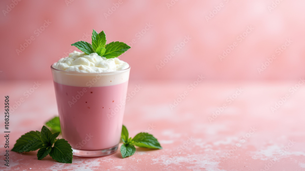 A close-up of a delicious drink with a vibrant pink matcha base garnished with whipped cream and mint leaves, set against a soft pink background. A close-up of a delicious drink with a vibrant pink matcha base garnished with whipped cream and mint leaves, set against a soft pink background.