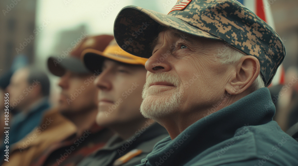 Veterans watching parade in their honor, filled with pride and emotion. atmosphere is reflective and respectful, showcasing their dedication and service Veterans watching parade in their honor, filled with pride and emotion. atmosphere is reflective and respectful, showcasing their dedication and service
