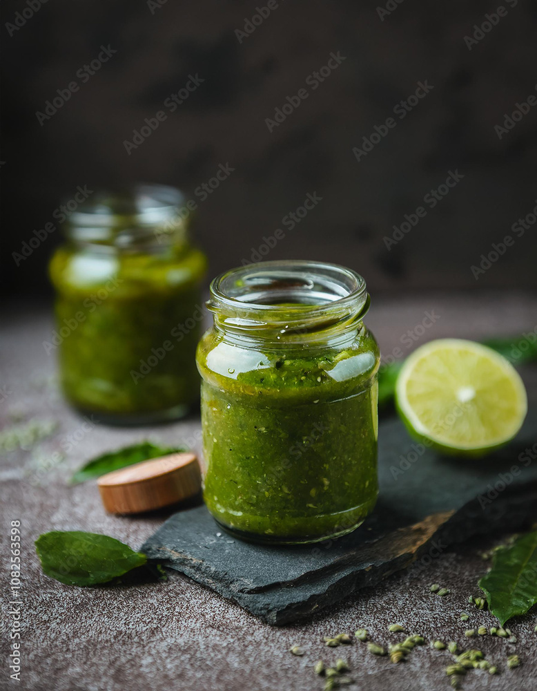 Green Indian chutney in glass jars. Delicious homemade sauce. Tasty food. Cooking concept. Close-up. Green Indian chutney in glass jars. Delicious homemade sauce. Tasty food. Cooking concept. Close-up.
