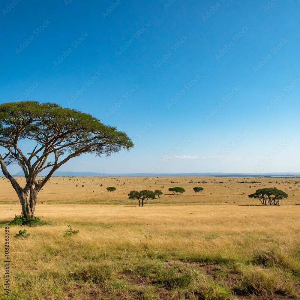 Vast Open Savannah Stretching to the Horizon, With Towering Acacia Trees Dotted Across the Landscape, Beneath a Clear Blue Sky and Gently Grazing Herds in the Distance Vast Open Savannah Stretching to the Horizon, With Towering Acacia Trees Dotted Across the Landscape, Beneath a Clear Blue Sky and Gently Grazing Herds in the Distance
