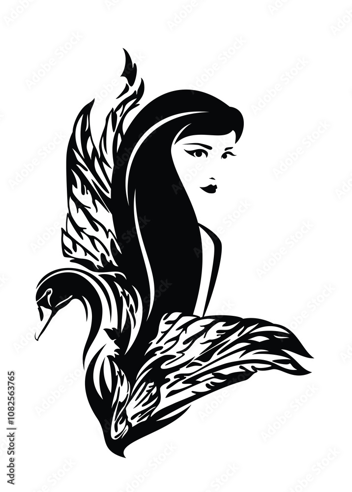 black and white vector portrait of fairy tale swan turning into beautiful woman - beauty with long hair and bird wings black and white vector portrait of fairy tale swan turning into beautiful woman - beauty with long hair and bird wings