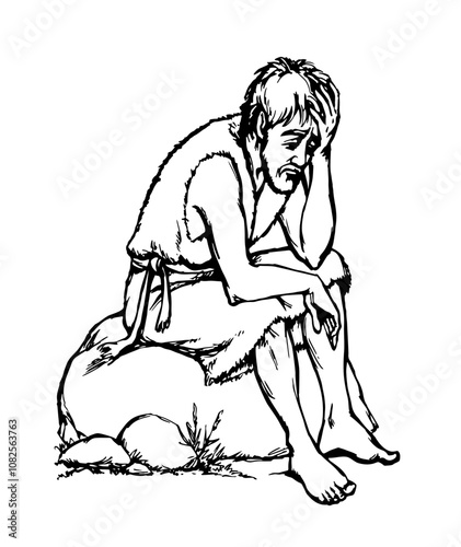 Vector drawing. A sad man and pigs