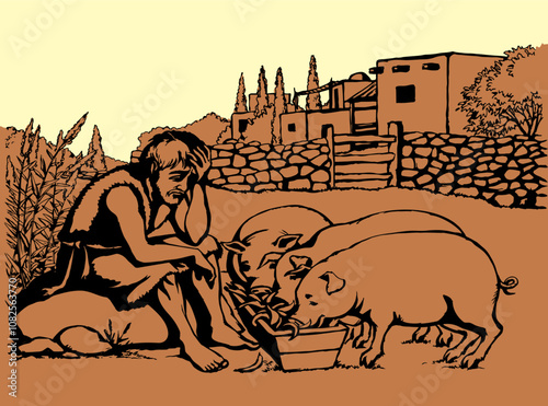 Vector drawing. A sad man and pigs
