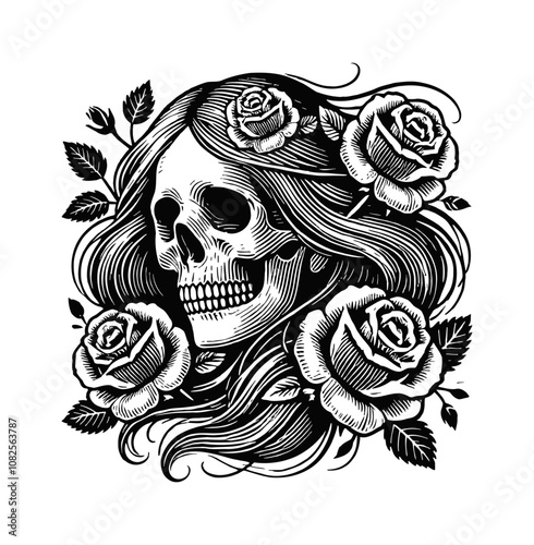 skull woman rose engraving black and white outline