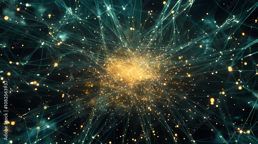 Fototapeta premium Complex blockchain network spread across a vast digital canvas, with radiant lines linking blocks, representing nodes of advancement and the boundless potential of technology. Radiant. Illustration