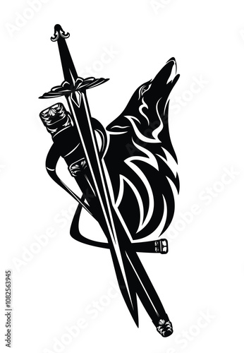 howling wolf head and knight sword with sheath - fantasy medieval hero black and white vector heraldry