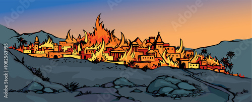 Vector drawing. Fire in the city
