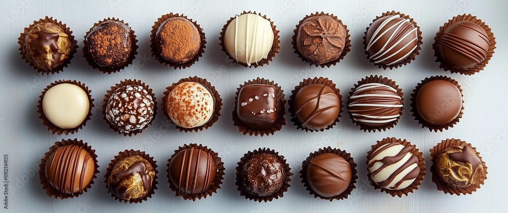 A sophisticated array of handcrafted chocolate truffles, each with unique toppings and textures, arranged elegantly on a neutral backdrop for a refined display. A sophisticated array of handcrafted chocolate truffles, each with unique toppings and textures, arranged elegantly on a neutral backdrop for a refined display.
