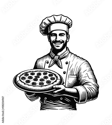 chef holding pizza engraving black and white outline