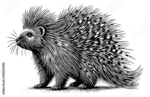 porcupine engraving black and white outline